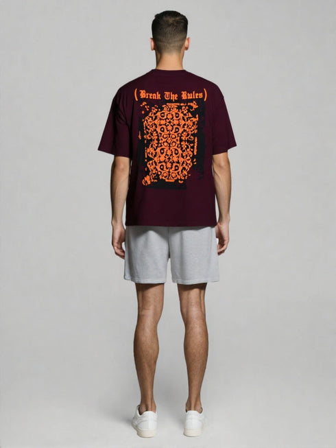 Maroon Oversized T-Shirt with bold orange "Break The Rules" back graphic