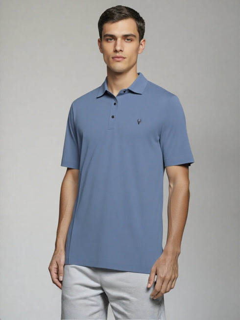 Premium Blue Polo Shirt with embroidered chest logo and button placket