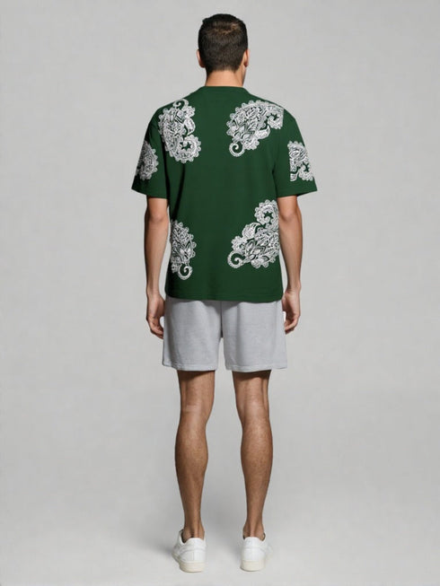 Green Oversized T-Shirt with bold white paisley print graphic