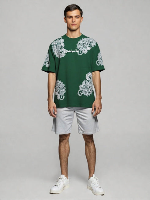Green Oversized T-Shirt with bold white paisley print graphic