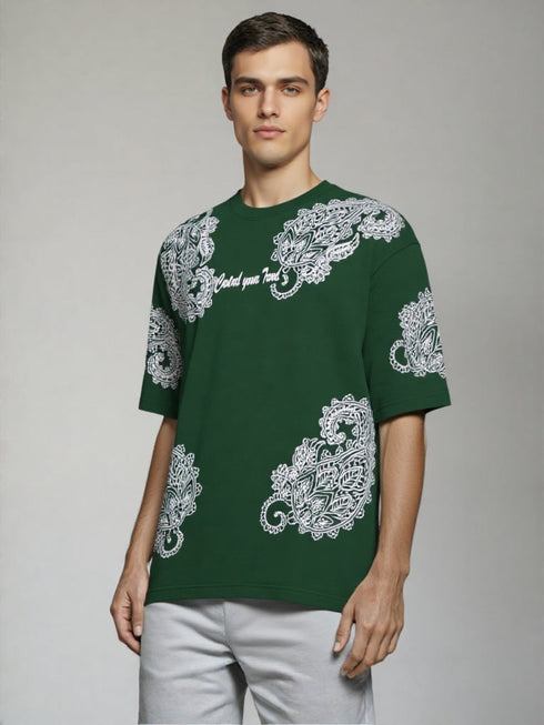 Green Oversized T-Shirt with bold white paisley print graphic