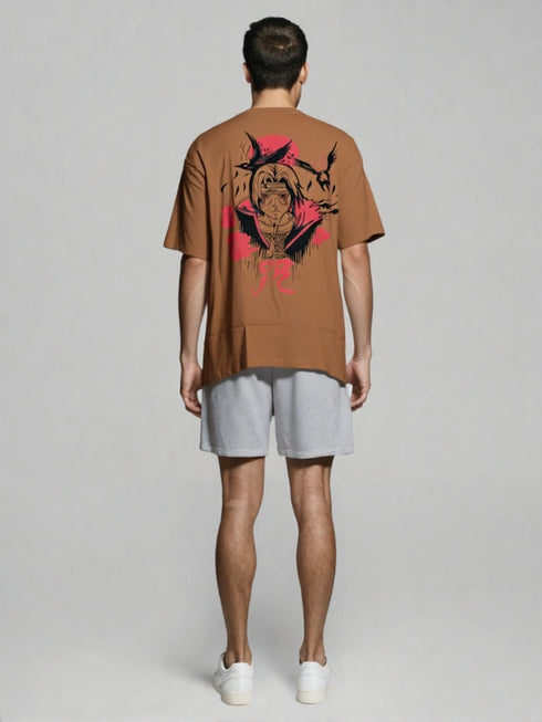 Brown Oversized Anime Graphic T-Shirt with character and crow design on back