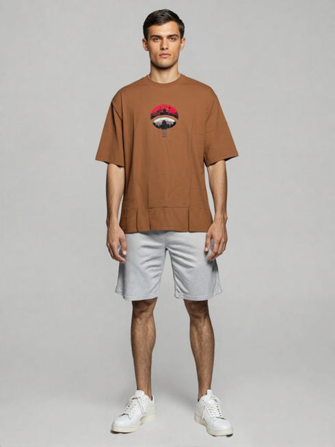 Brown Oversized Anime Graphic T-Shirt with character and crow design on back