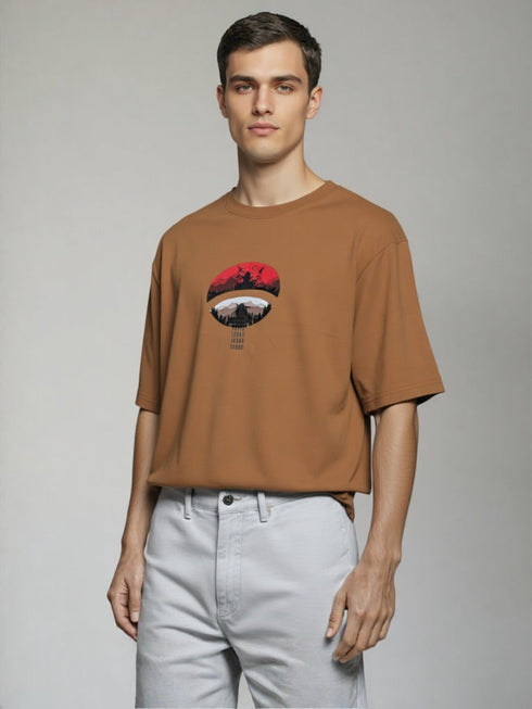 Brown Oversized Anime Graphic T-Shirt with character and crow design on back