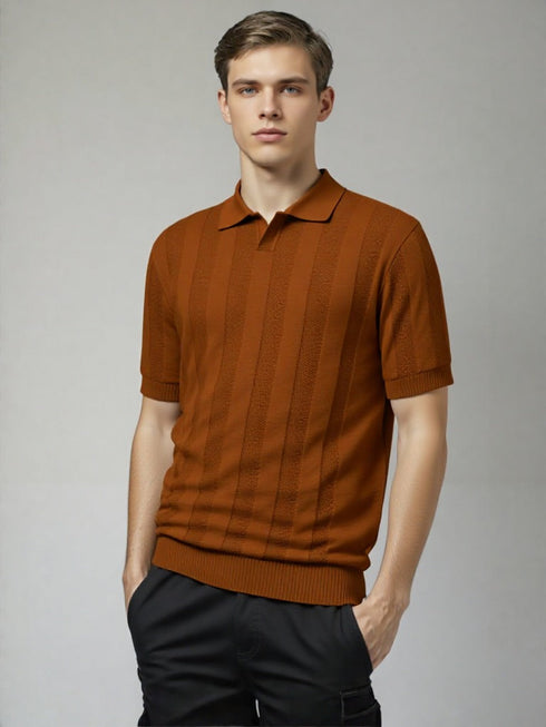 Brown Old School Knit Polo Sweater with vertical textured knit pattern