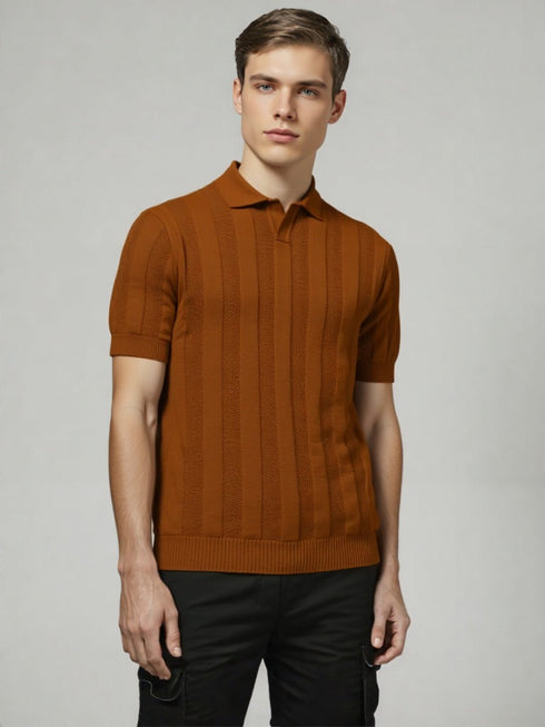 Brown Old School Knit Polo Sweater with vertical textured knit pattern