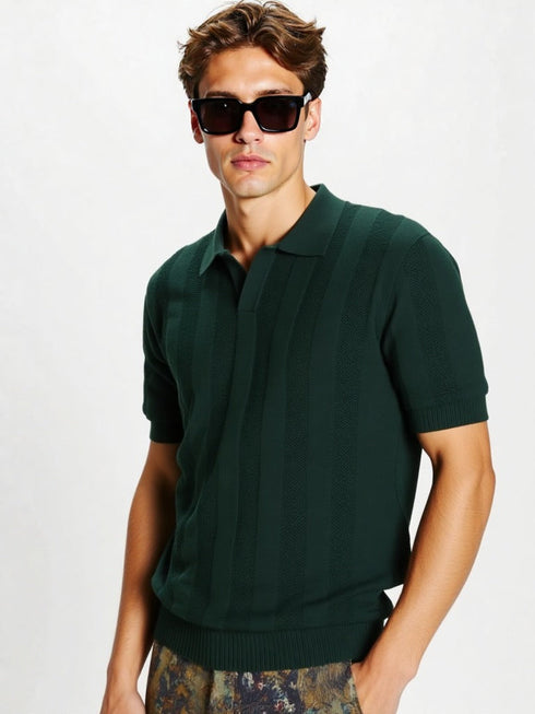 Green Old School Knit Polo Sweater with vertical textured knit design