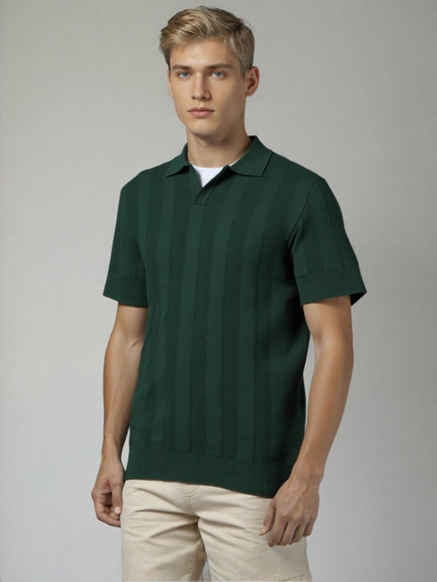 Green Old School Knit Polo Sweater with vertical textured knit design