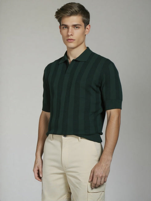 Green Old School Knit Polo Sweater with vertical textured knit design