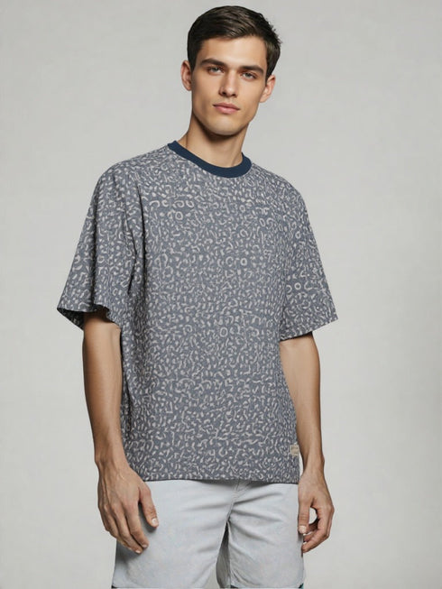 Grey Oversized T-Shirt with subtle all-over animal pattern and navy collar