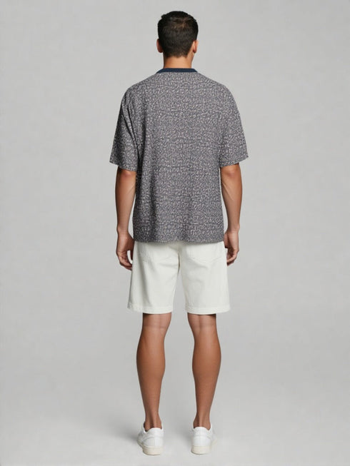 Grey Oversized T-Shirt with subtle all-over animal pattern and navy collar