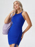 Royal blue bodycon mini dress with halter neckline and ruched side drawstring
