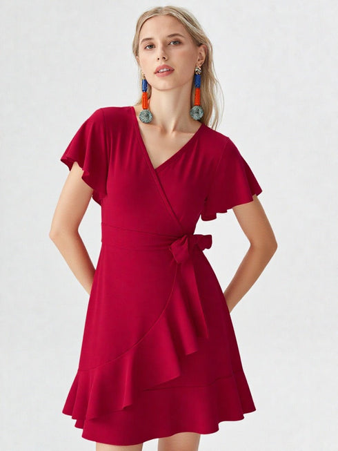 Red ruffle wrap dress with flutter sleeves and tie waist