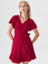 Red ruffle wrap dress with flutter sleeves and tie waist