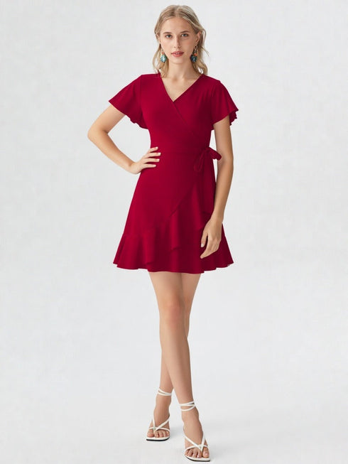 Red ruffle wrap dress with flutter sleeves and tie waist