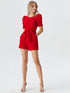 Red puff sleeve belted playsuit with round neckline and short length