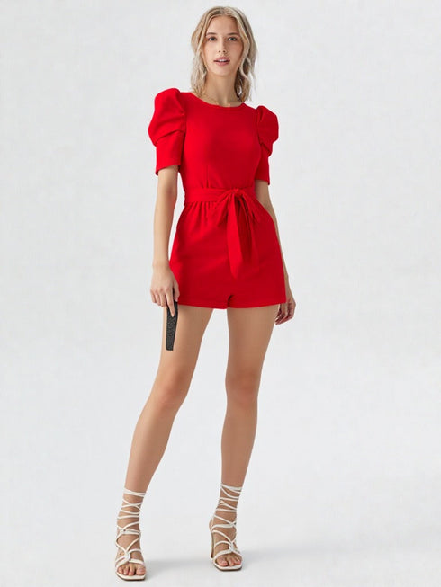 Red puff sleeve belted playsuit with round neckline and short length