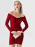 Red off-shoulder bodycon mini dress with long sleeves and ruched design, women’s party wear