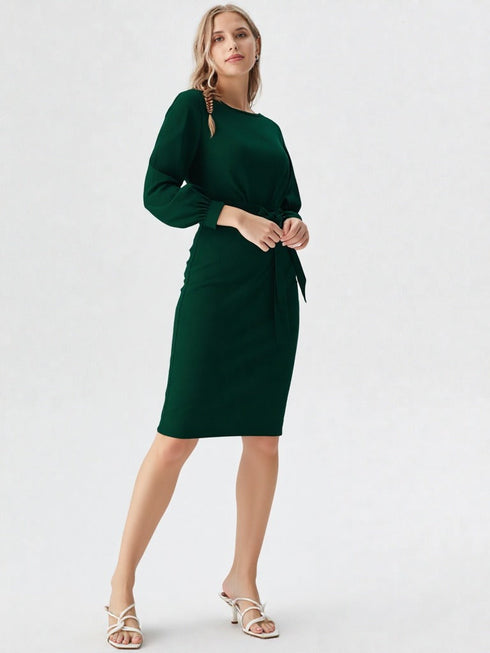 Elegant green long sleeve midi dress with waist tie belt, formal women’s wear