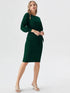 Elegant green long sleeve midi dress with waist tie belt, formal women’s wear