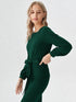 Elegant green long sleeve midi dress with waist tie belt, formal women’s wear