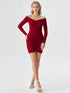 Red off-shoulder bodycon mini dress with long sleeves and ruched design, women’s party wear