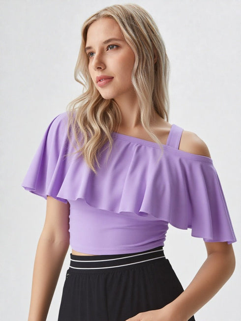 Woman wearing lavender one shoulder ruffle crop top with black skirt