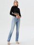 Woman wearing black mock neck long sleeve crop top with striped hem paired with blue jeans