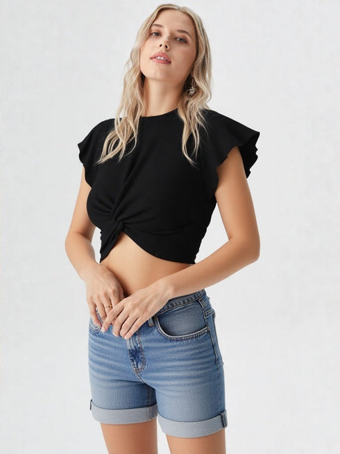 Black flutter sleeve knot crop top with round neckline