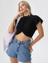 Black flutter sleeve knot crop top with round neckline