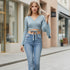 Light Blue Wrap Tie Long Sleeve Crop Top