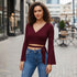 Maroon Wrap Crop Top with Flared Sleeves