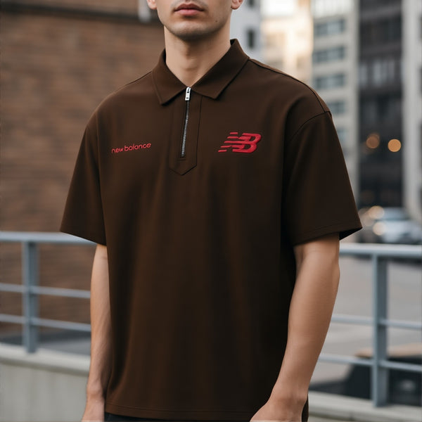 Brown Half-Zip Oversized Polo T-Shirt
