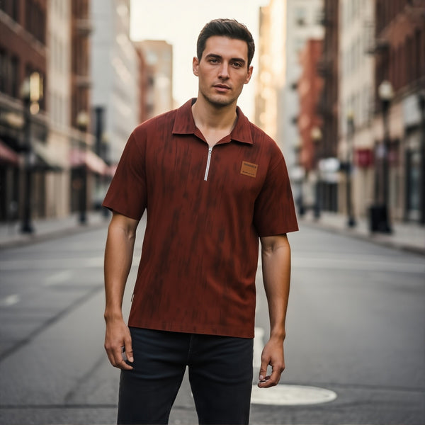 Burgundy Textured Half-Zip Oversized Polo T-Shirt