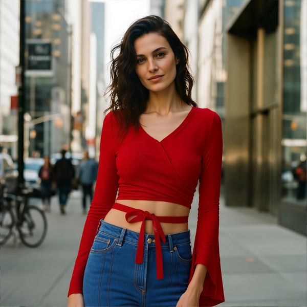 Red Flared Sleeve Wrap Crop Top