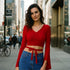 Red Flared Sleeve Wrap Crop Top