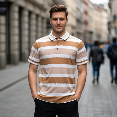 Brown & White Striped Polo T-Shirt