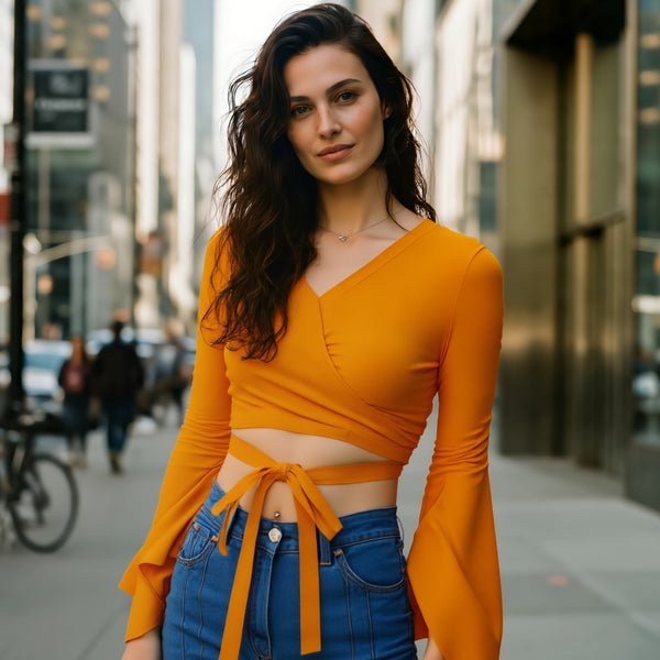 Wrap Front Bell Sleeve Crop Top - Mustard Yellow