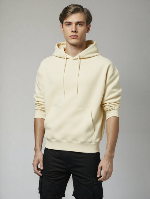 Cream cotton hoodie for men with drawstring hood and kangaroo pocket