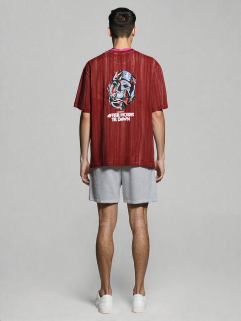 Burgundy Oversized T-Shirt with mask artwork and "AFTER HOURS TIL DAWN" back print