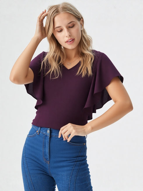 Purple flutter sleeve V-neck top on model, lightweight polyester blouse