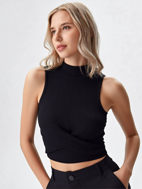 Black ribbed sleeveless crop top with mock neck and front twist design