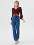 Maroon wrap crop top with flared long sleeves and tie waist in polyester fabric, stylish women’s evening wear