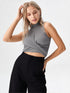 Grey ribbed sleeveless crop top with mock neck and twist front design