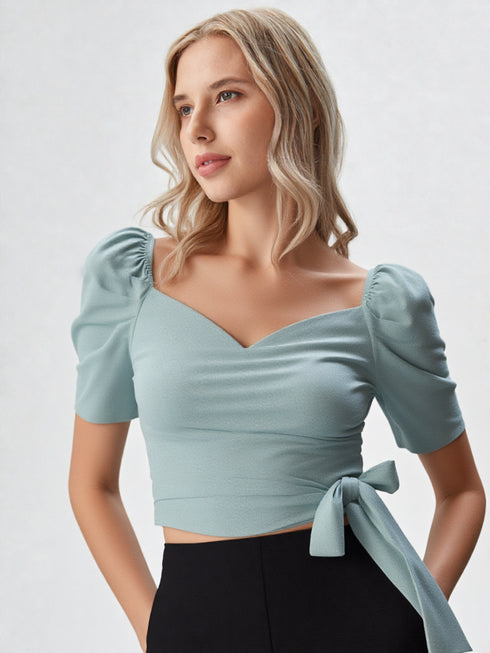Light blue puff sleeve wrap crop top with sweetheart neckline and tie waist