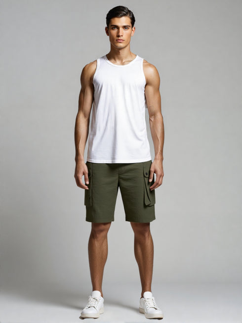 Olive green cargo pocket shorts for men with elastic waistband and flap pockets
