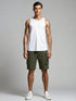 Olive green cargo pocket shorts for men with elastic waistband and flap pockets