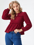Maroon long sleeve smocked peplum top with tie-up neckline and flowy hem, women’s elegant casual wear