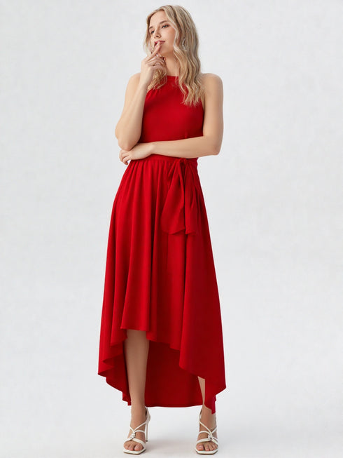 Red high-low midi dress with tie waist and halter neckline in polyester fabric, elegant women’s party wear