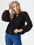 Black long sleeve peplum top with tie-up neckline